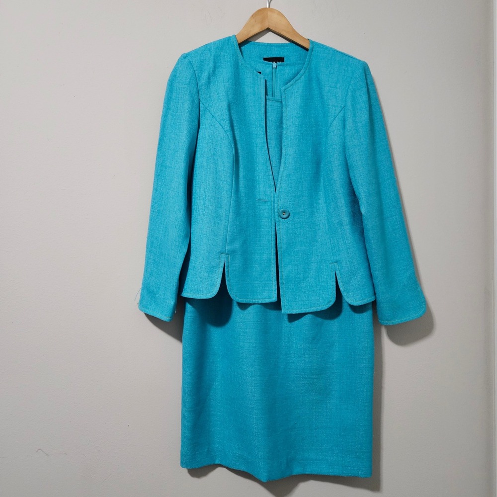 Leslie‎ Fay Turquoise Blue 2 Piece Skirt Suit Set Dress Blazer Womens 8P Vintage